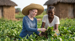 Uma idosa sem albinismo e uma jovem com albinismo a colher vegetais juntas num campo rural em Angola. A jovem usa chapéu e manga comprida para proteção.