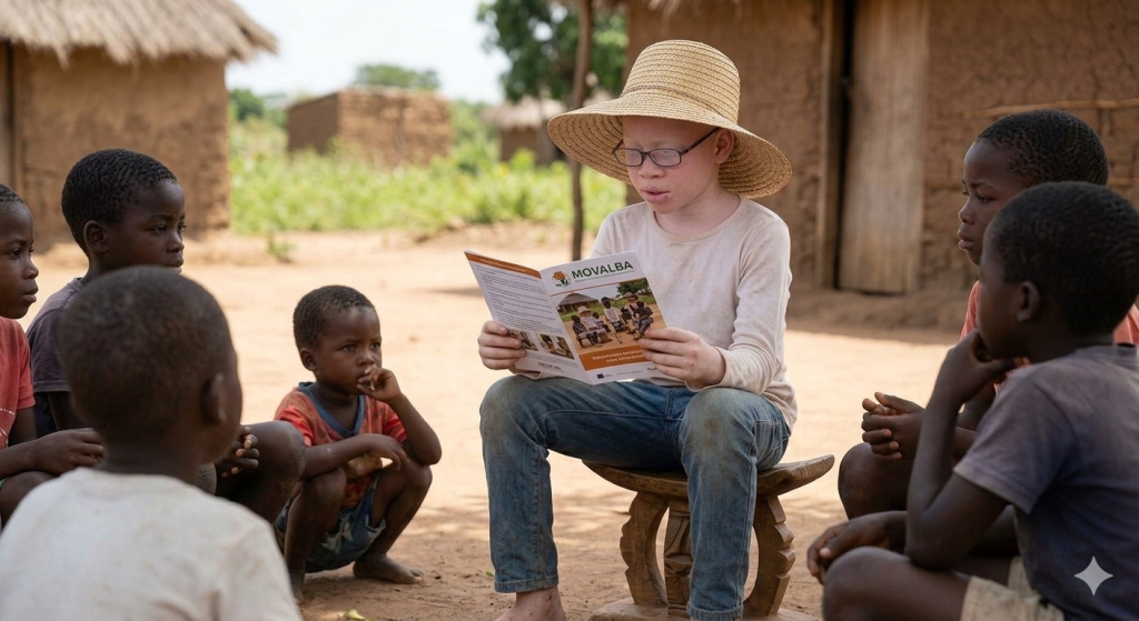 Um jovem com albinismo a ler um livro para crianças numa aldeia rural. Ele usa chapéu e manga comprida para proteção.